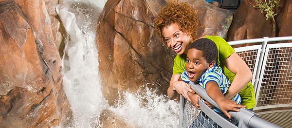 A mother and child at the Flash Flood exhibit