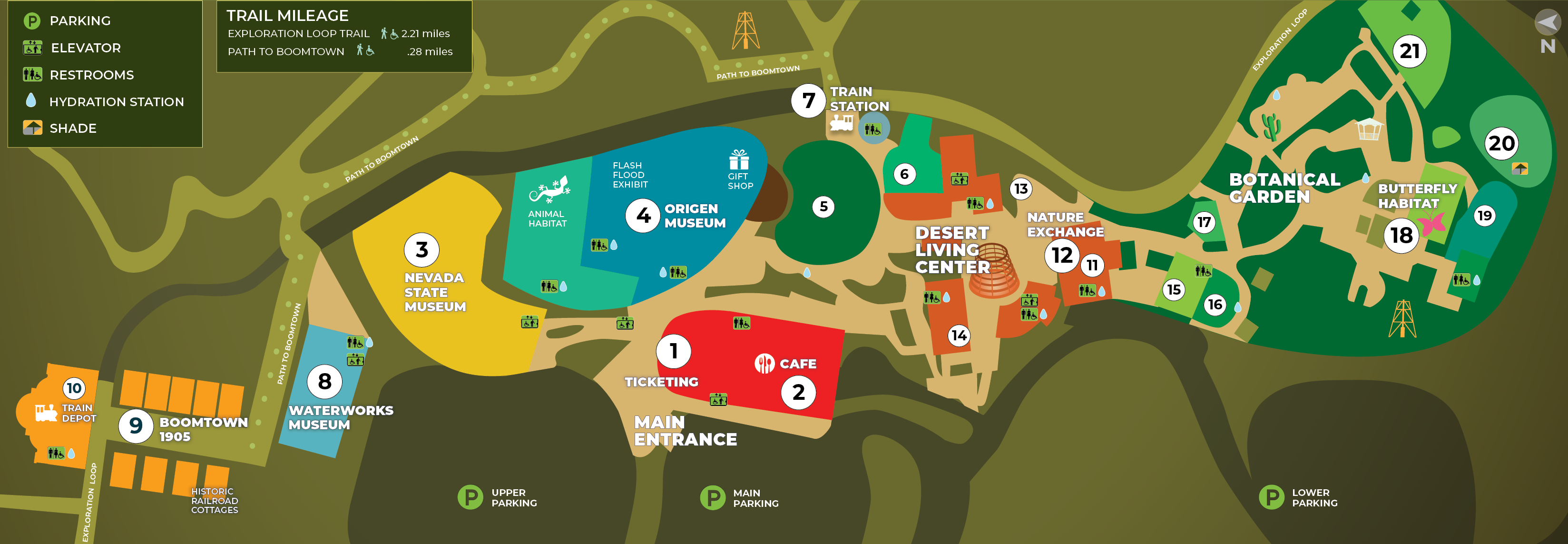 Map of Springs Preserve property showing the location of attractions. If you need this map described to you, please call us at 702-258-3930.